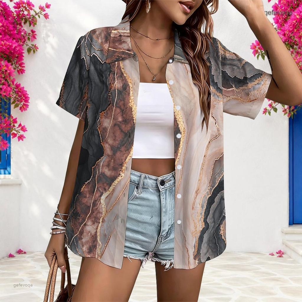 Women Plus Size Short Sleeve Shirt Abstract Geometric Print Button Down Casual Blouse Loose Fit Tops For Summer Daily Office Wear