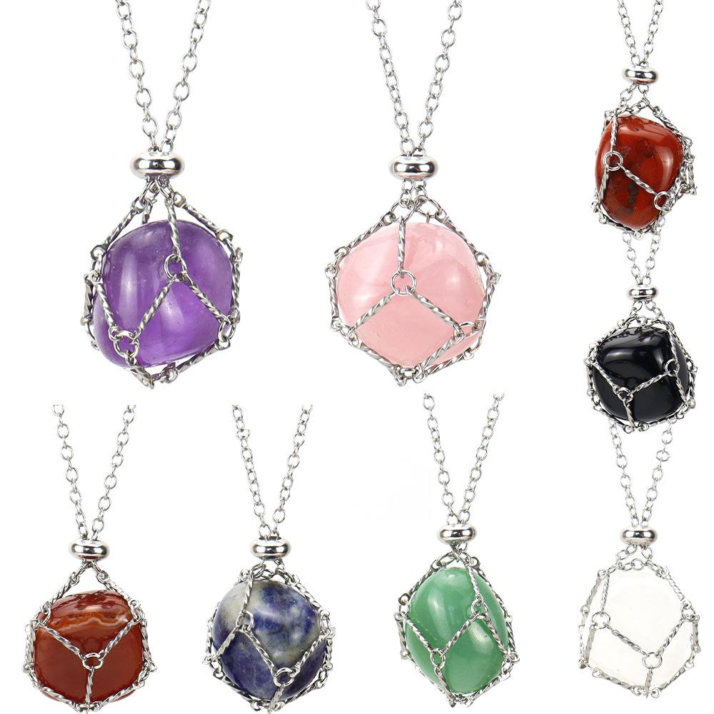 Stainless Steel Metal Bamboo Braided Mesh Prison Cage Pendant Natural Crystal Rough Stone Necklace Adjustable N700
