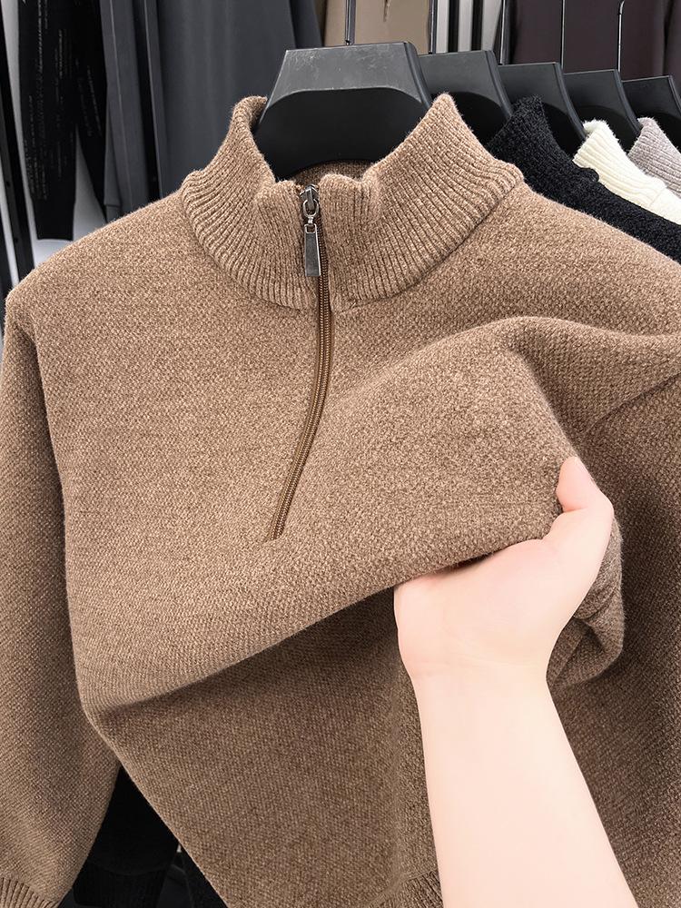 Men's Fleece-Lined Half-Zip Sweater - Winter Casual Solid Color Knit