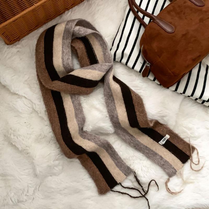 Korean Stylish Rainbow Striped Fringed Knitted Scarf Women Winter Neck Warm Female Scarves Fashion Narrow Long Muffler Female