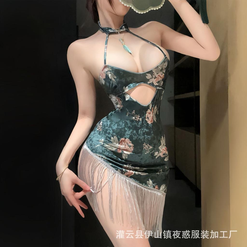 Sex Underwear World Rich Flower Velvet Printing Ancient Cheongsam Pure Desire Temptation Hip Skirt Set
