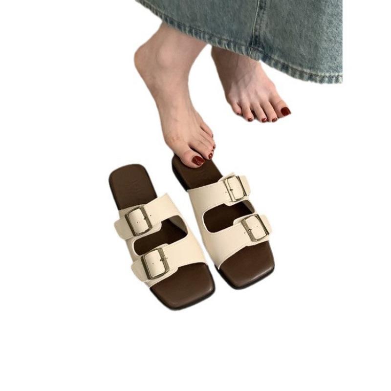 Popular spot foreign trade flat-bottomed slippers women's 2025 new summer wear premium leather slippers beach cool slippers