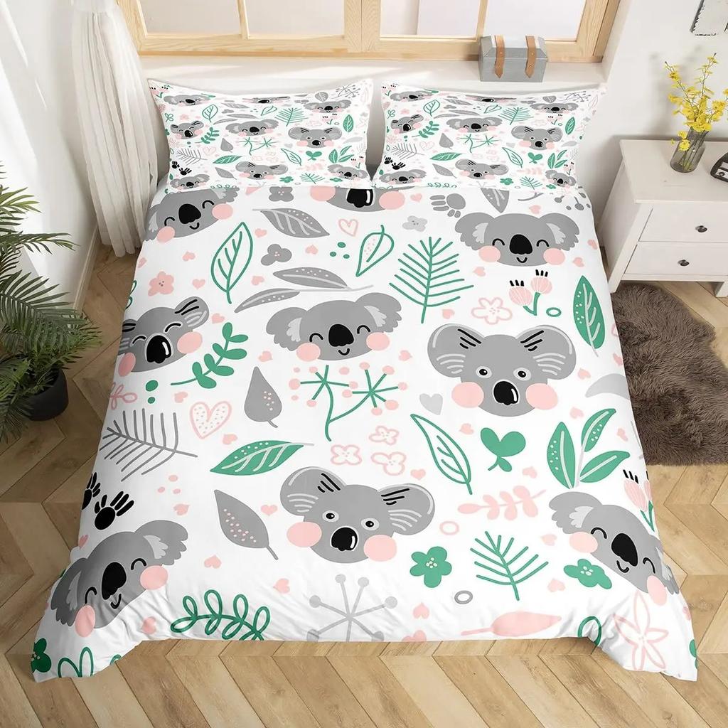 Cute Cartoon Koala Duvet Cover Set Botanical Blossom Floral Comforter Cover Kawaii Wild Animal Koala Bedding Set Twin Queen Size