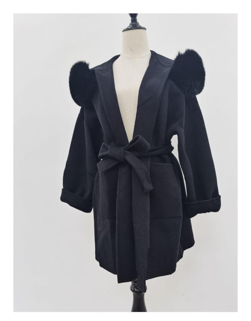 Double-Faced Cashmere Coat with Fox Fur Collar & Cuffs Hooded Mid-Length Loose Fit