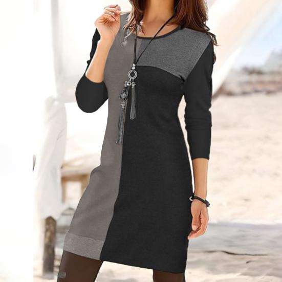 Dámské jarní šaty Barevně ladící Geometrické kulatý výstřih s dlouhým rukávem Volný svetr Měkký Délka nad kolena Ležérní Denní minišaty