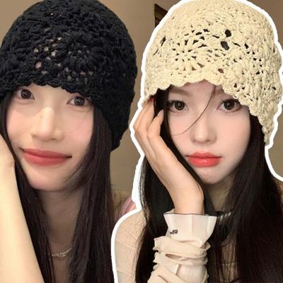 Handmade Crochet Flower Knitted Hat Thin Lace Woven Cap Retro Knit Cap  Girls
