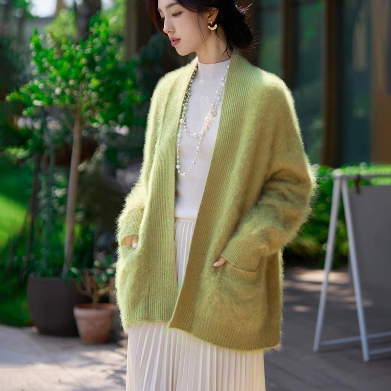 Women's V-Neck Heavyweight Pure Wool Cardigan Coat - Autumn/Winter Style, Pocketed, Buttonless, Plush Long Hair, Plus Size, Mid-Length