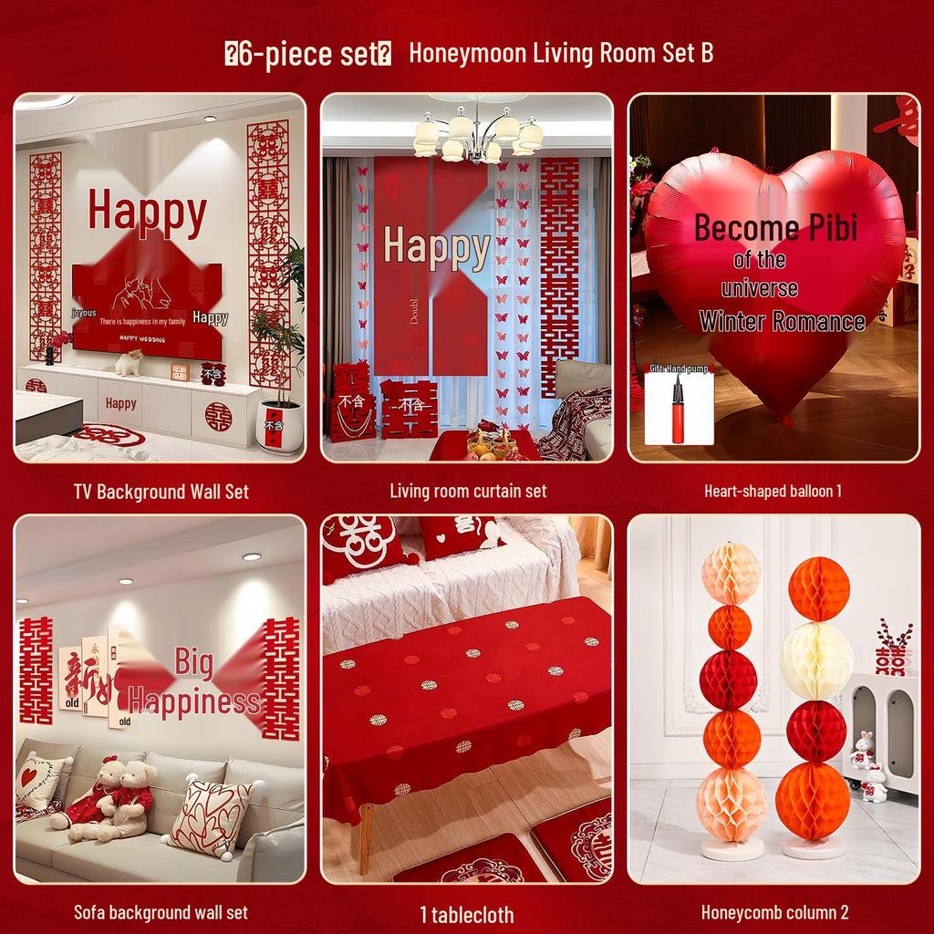 Wedding Room Décor Set: Bride & Groom Bedside Background with Pull Flowers & Double Happiness KT Board