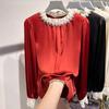 Women's Spring/Fall Design Stand Collar Satin Shirt Long Sleeve Puff Sleeve Commuter Chiffon Top French-Style Base Layer Top