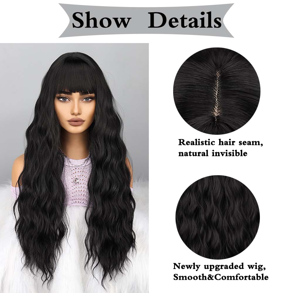 MISS WIG Natural Black Long Wave Wig with Bangs Synthetic High Temperature Fiber Wig Suitable for Daily Wear Party Wigs