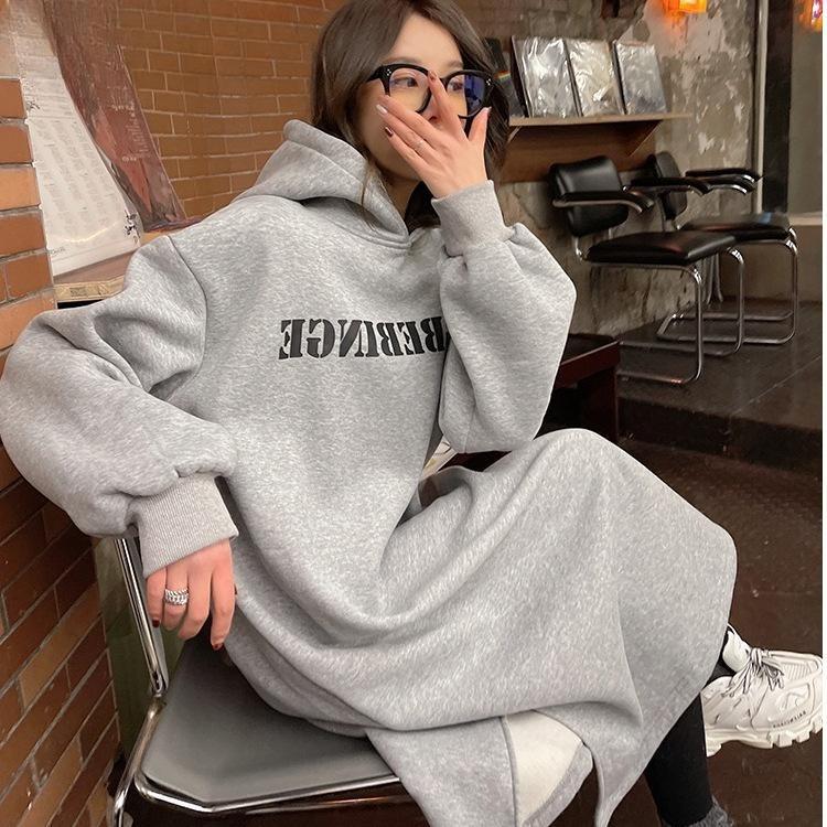 Women's Fashion Fall Winter Long Sleeve Hooded Loose Waistline Casual Dresses