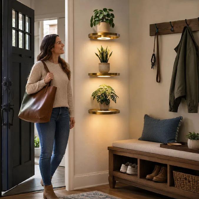 Floating Wall Shelf with Built-in Lights, Modern Plant Display Shelf, -Saving Mount, for Living Room and Bedroom