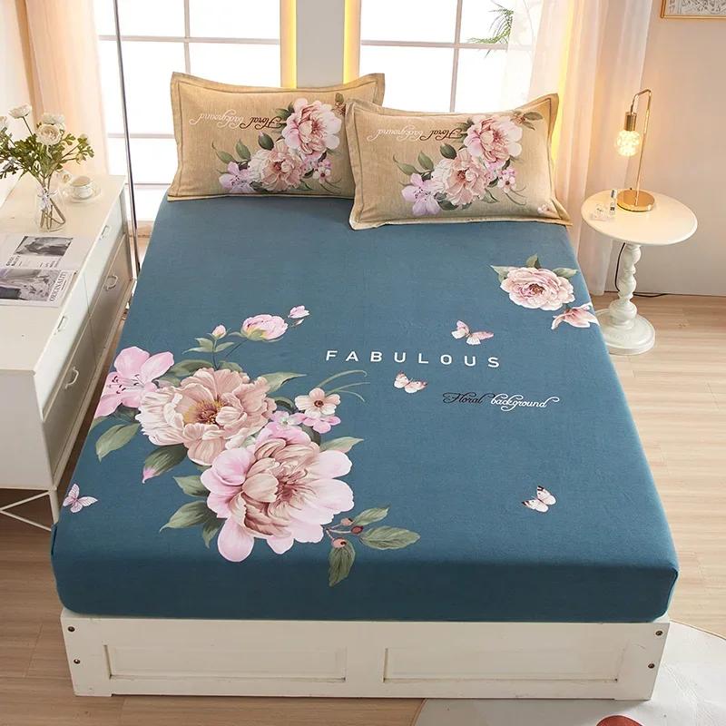 Cute Teddy Bear Pattern Fitted Sheet Set 100% Cotton Anti-slip Mattress Cover with Pillowcases Home Bedding Set for Boys Girls