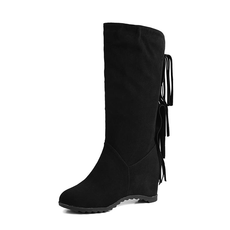Mid Calf Fringe Boots Women with Hidden Heel 2025 Flock Height Increasing Shoes for Wide Calf Size 33-44