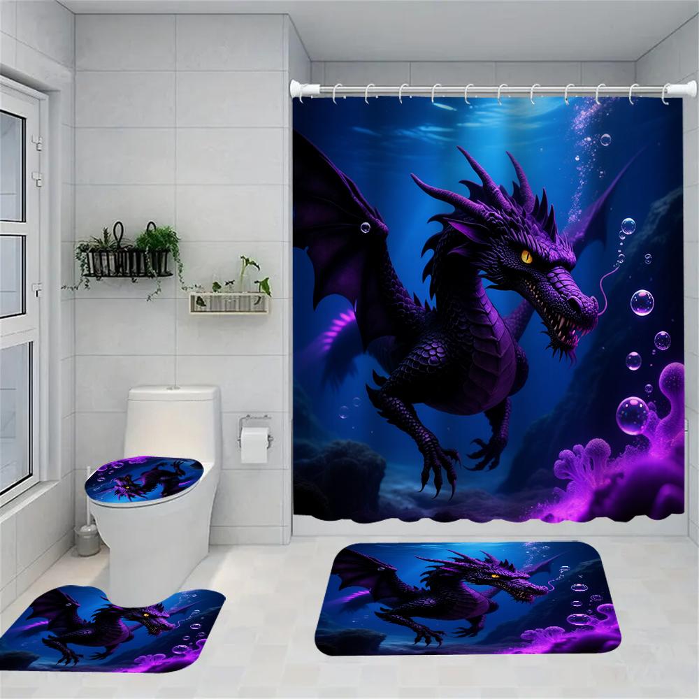 1/4 Duschvorhänge mit doppeltem Drachenkopf-Druck, Toilettensitzdekoration, Duschvorhang mit Teppich und Toilettendeckel, 70,8x70,8 Zoll