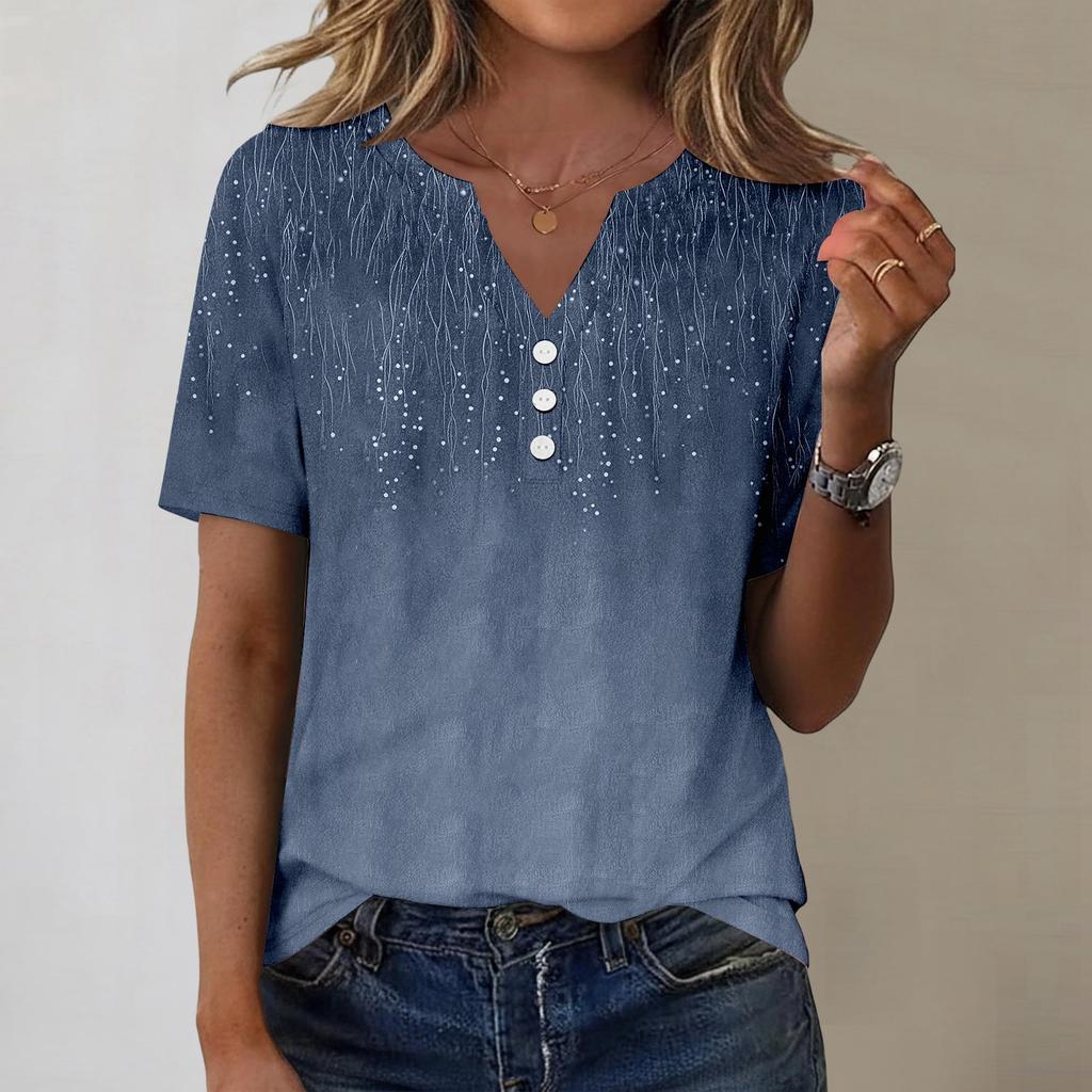 Women's Fashionable Casual Short-sleeved Retro Printed V-neck Top