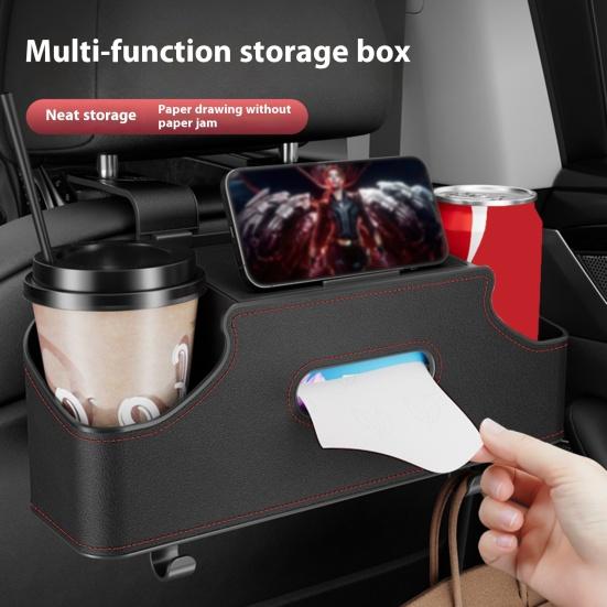 Car Back Seat Organizer with 2 Drink Cup Holder And Tissue Box Waterproof Faux Leather Car Storage Rack