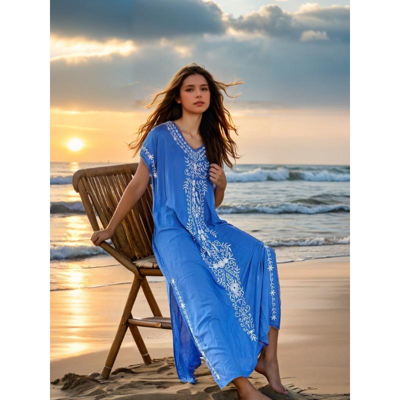 

Плюс Размер Женская Пляжная Праздничная Блузка Винтажный Стиль Вышитое Длинное Платье One Size синий