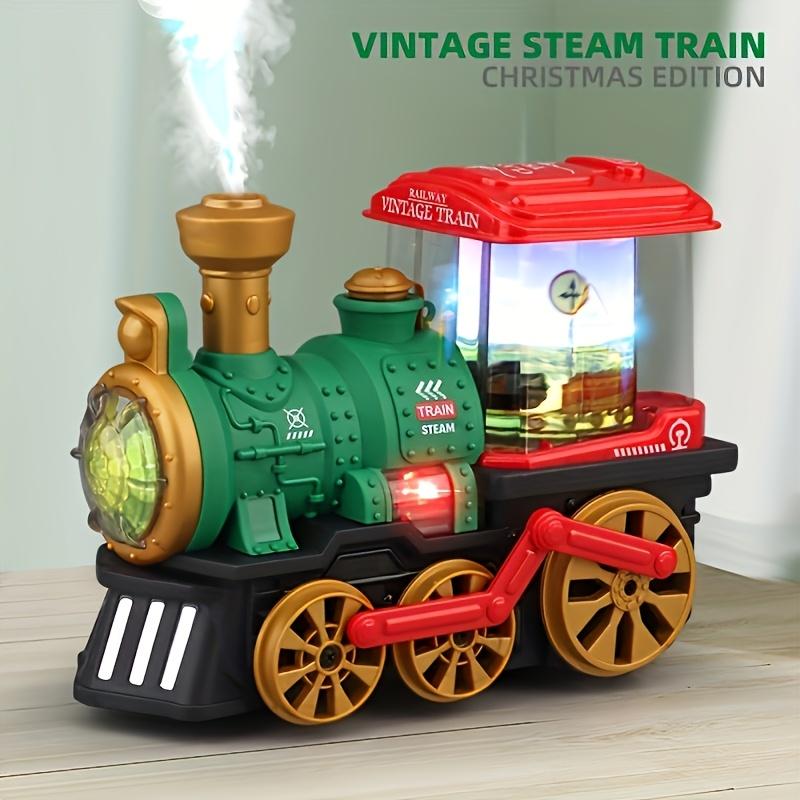 A retro steam train children's toy, a children's toy car with functions of lighting, spraying, music playing and automatic obstacle avoidance