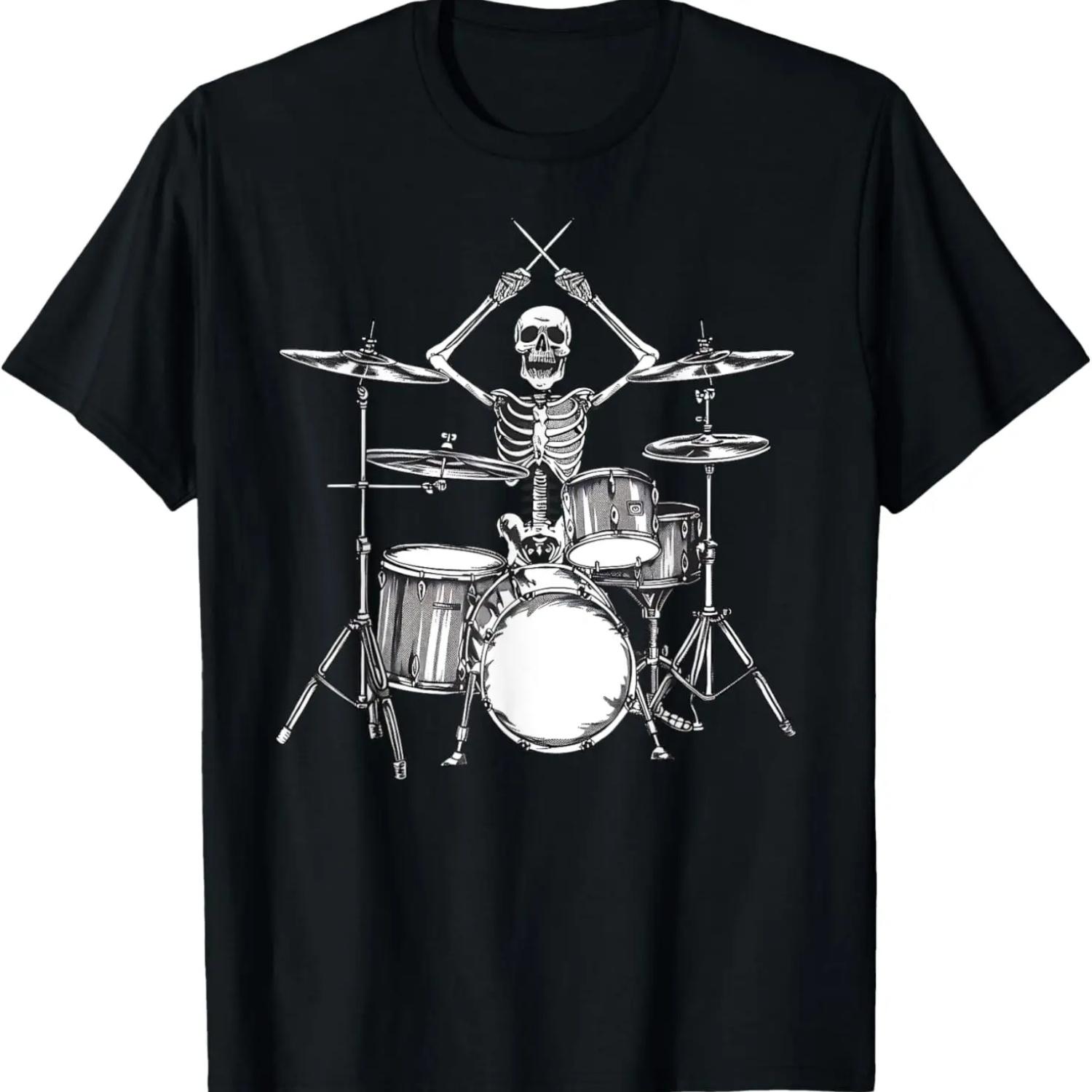 Футболка Хэллоуин Скелет Барабанщик Рок-н-Ролл Музыка S чёрный
