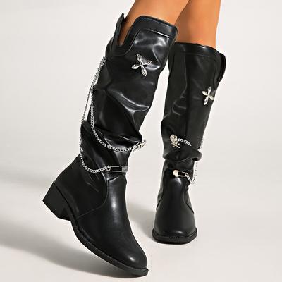 Fashion Metal Decor Knight Boots Women Autumn Black PU Leather Knee High Boots Woman Slip On Thick Heel Riding Botas Mujer 2025