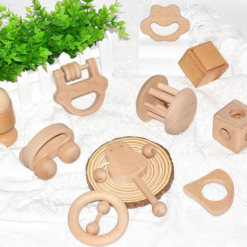 Infant Soothing Wooden Rattle Toy Set: Hand-Shaking Bell, Cage, and Baby Grip Car