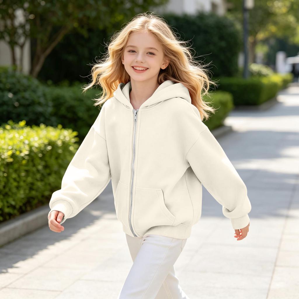 Big Girls' Fashion Color Long Sleeve Hooded Pullover Sweatshirt with Zipper