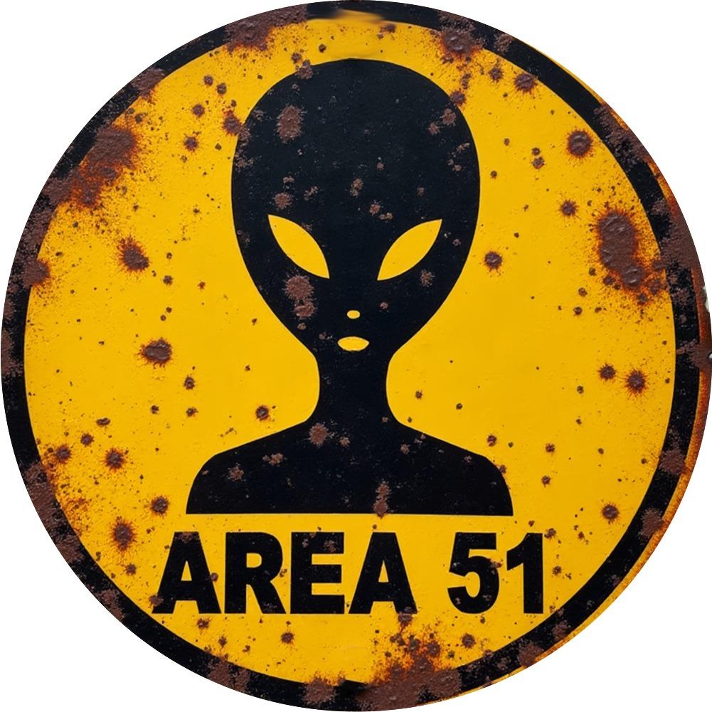 D Flat Dflat Area Alien Retro Metal Sign Vintage UFO Extraterrestrial Decoration with Yellow Background Black Alien 20x20cm(8x8inch)