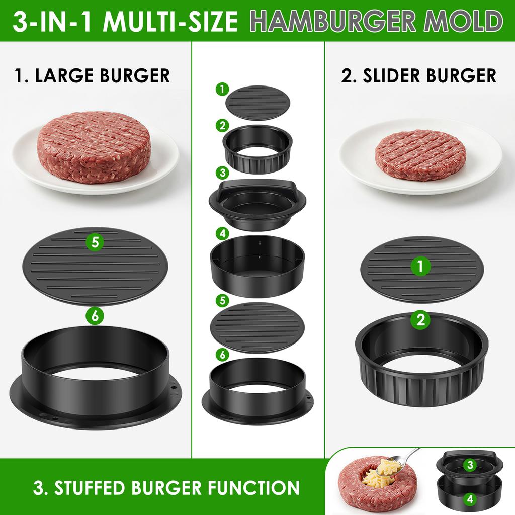 Hamburgerfleischpresse 3-in-1 Hamburgerpresse Patty-Hersteller mit 100 Stück Patty-Papier Abnehmbare Antihaft-Burgerform für die Küche
