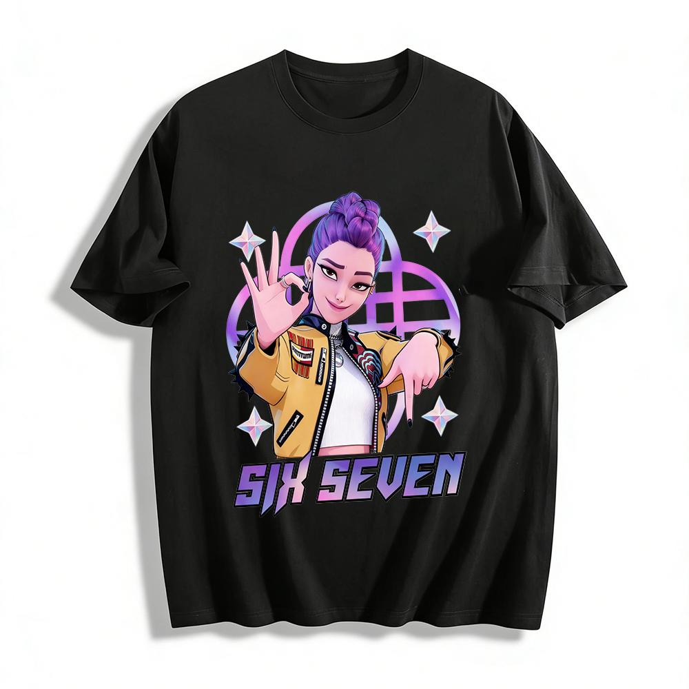 

Trendy SIX SEVEN Girl Group Print T-shirt, Cool Neon Style Anime Girl Top, Unisex Casual Loose Crew Neck Tee Pure cotton T-shirt XXS