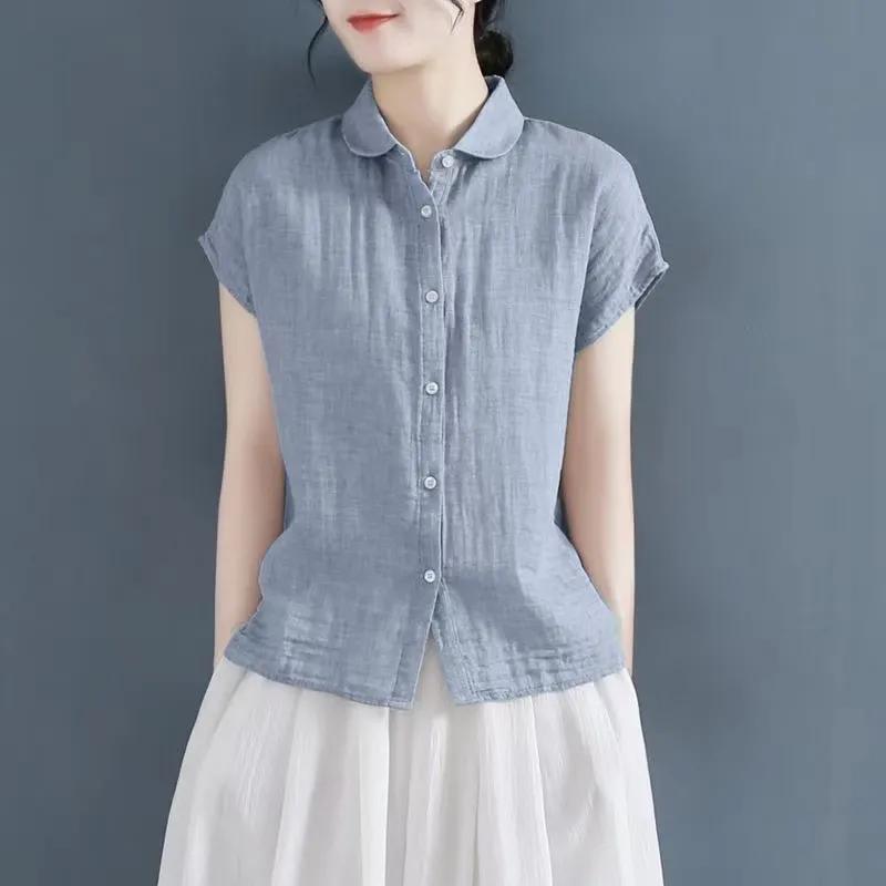 Camicetta da Donna Estiva Stile Cinese Sottile a Maniche Corte Colore Unico Larga Comoda Top Casual