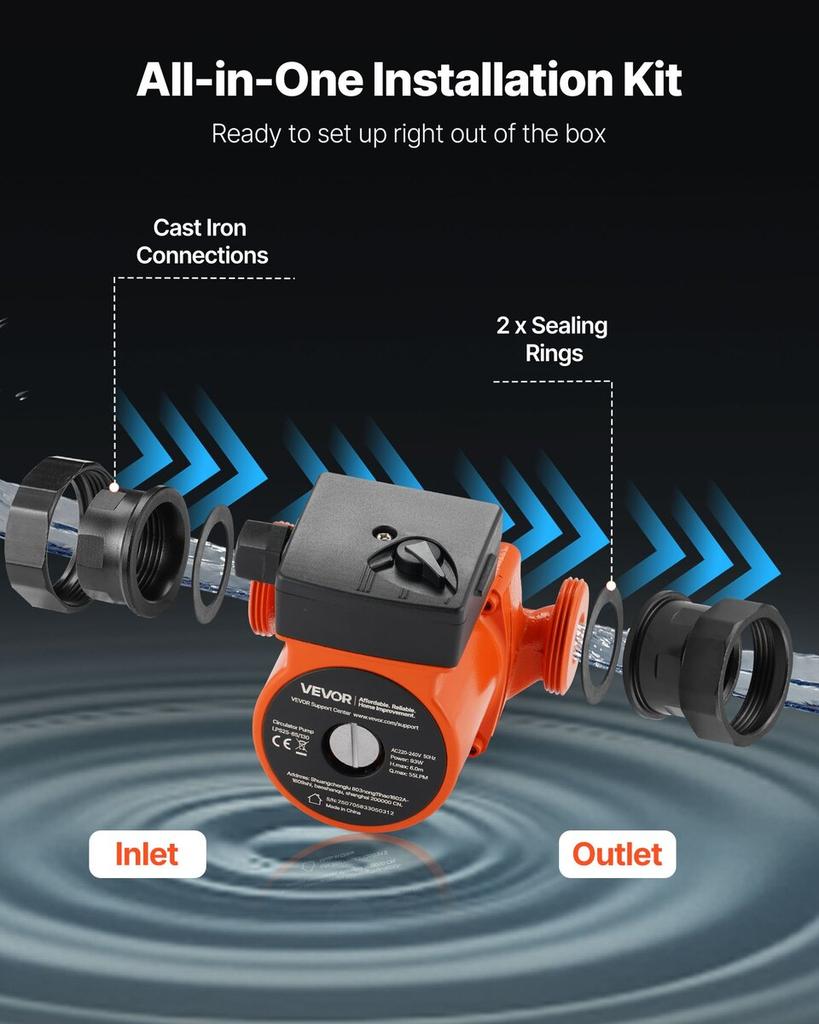 LPS25-6S/130 Cast Iron Circulator Pump, 1/8 HP, 220-240V 55 LPM Hot Water Recirculating Circulation Pump, Threaded Connection, 3-Speed Adjustment,