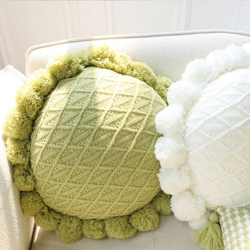 Home Decoration Knitting Cushion Cover Mint Green Tassel Pillowcover Modern Sofa Living Room Waist Pillow Bed Head Round Pillow