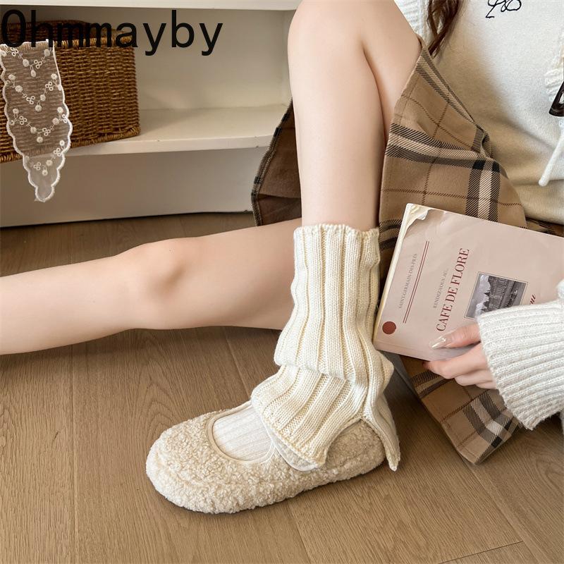 Warm Cotton Women Flats Shoes Comfort Soft Sole Short Plush Mary Jane Shoes Outdoor Furry Shoes For Autumn Winter