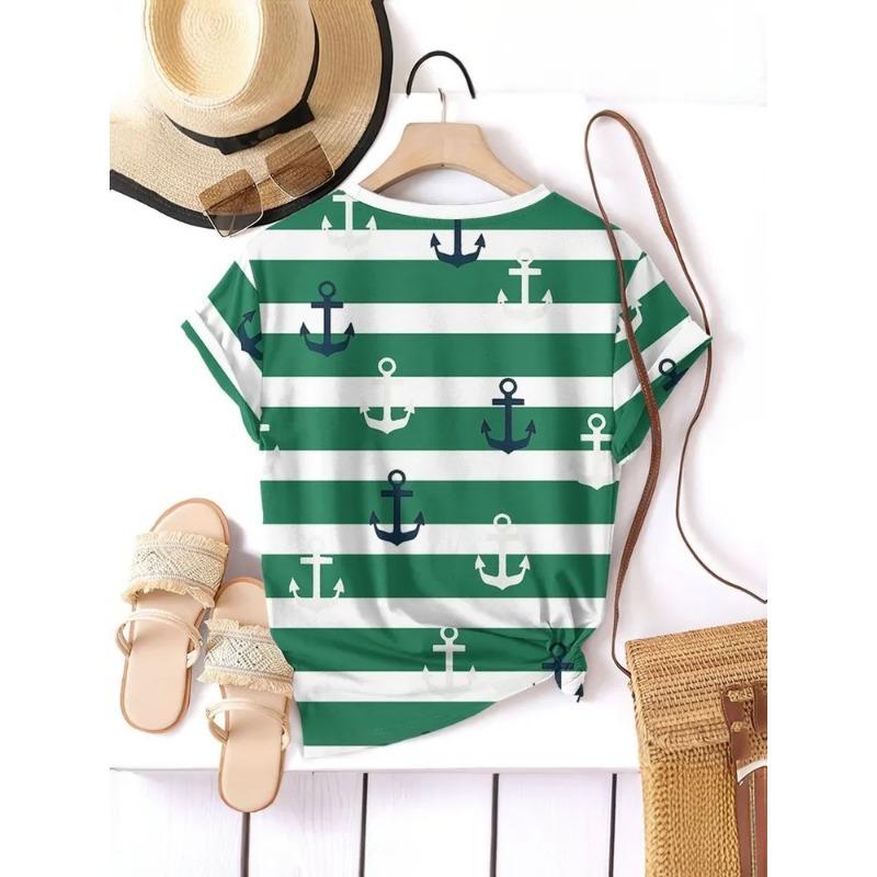 Stripe Graphic 3D T Shirt Women Summer V-Neck Short Sleeve Tops Holiday Casual Tees Woman Streetwear Oversized T-shirt