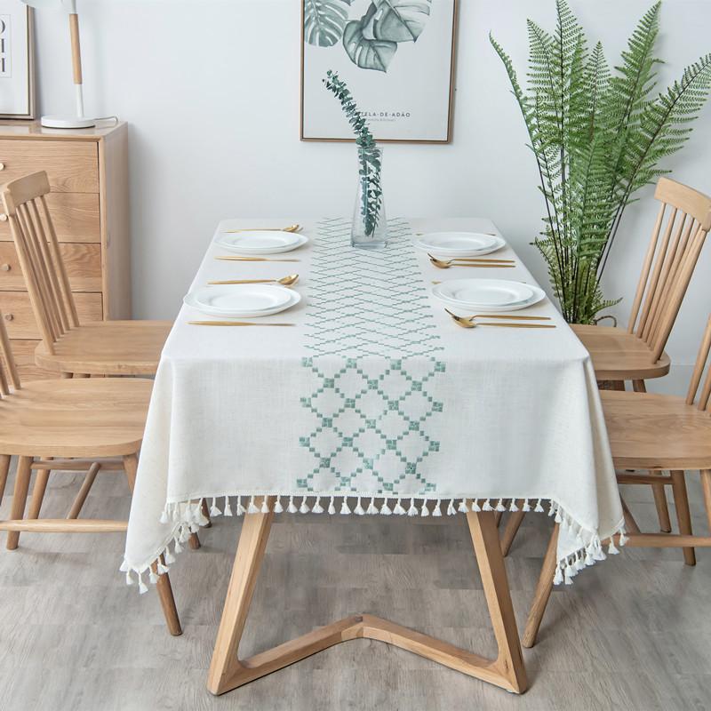 Embroidered Plaid Flower Tassel Tablecloth Rectangular Coffee Table Anti-fouling Decorative Tablecloth Tablecloth