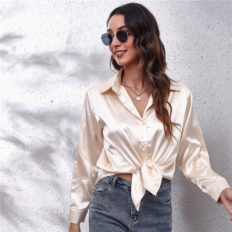 Women's Satin Blouse Long Sleeve V Neck Casual Button Down Shirt
