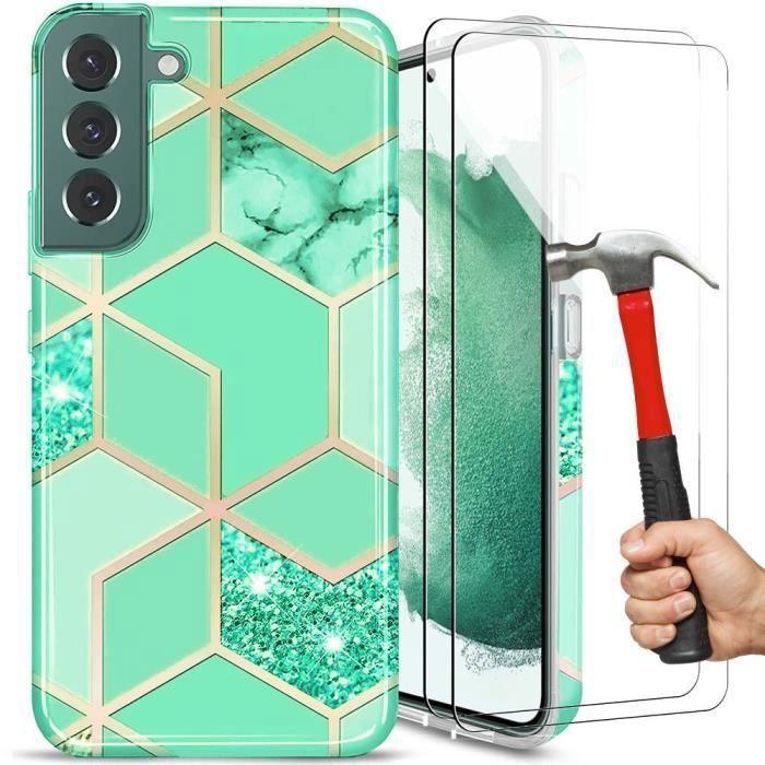 Coque de protection semi-rigide pour Samsung Galaxy S22 - BOOLING - Turquoise - Verre trempé - Motif marbre
