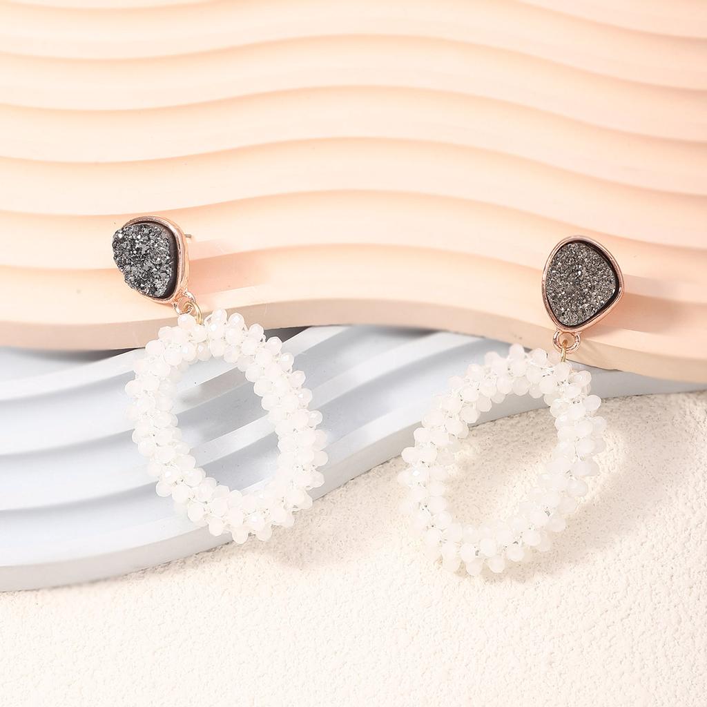 European, American Bohemian fashion and popular style handmade high-end rice beads geometric oval earrings with elegant and atmospheric temperament