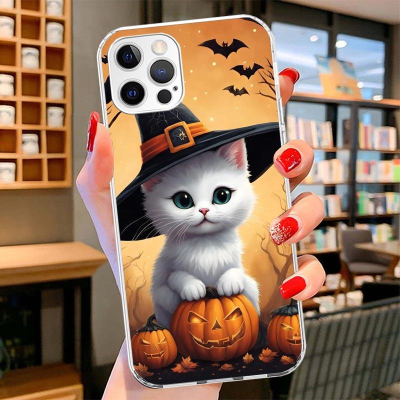 Black Kitten Halloween Pumpkin Cover Phone Case For iPhone 16 17 Air 15 14 Pro Max 16E Phone Case 13 Mini 12 11 7 SE 8 Print Pat