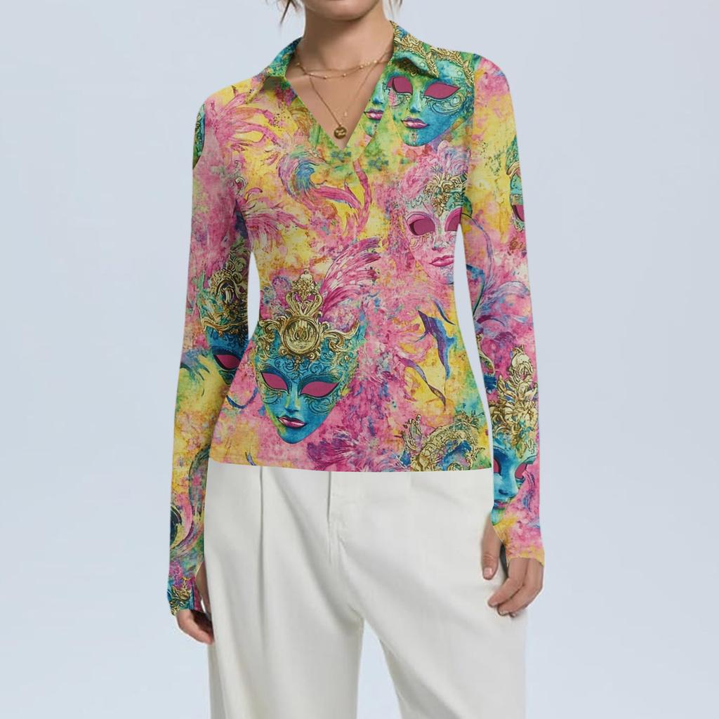 Women's Fashion Casual Print V-Neck Long Sleeve Button-Down Top