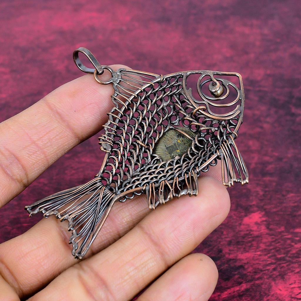 Ammonite Fossil Pendant Copper Wire Wrapped Decent Jewelry Fish Gemstone Pendant