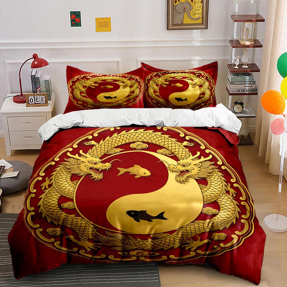 Golden Dragon Yin Yang Set Soft Comfortable Duvet Cover Bedding Set Included 1*Duvet Cover & 2*Pillowcases, Gift