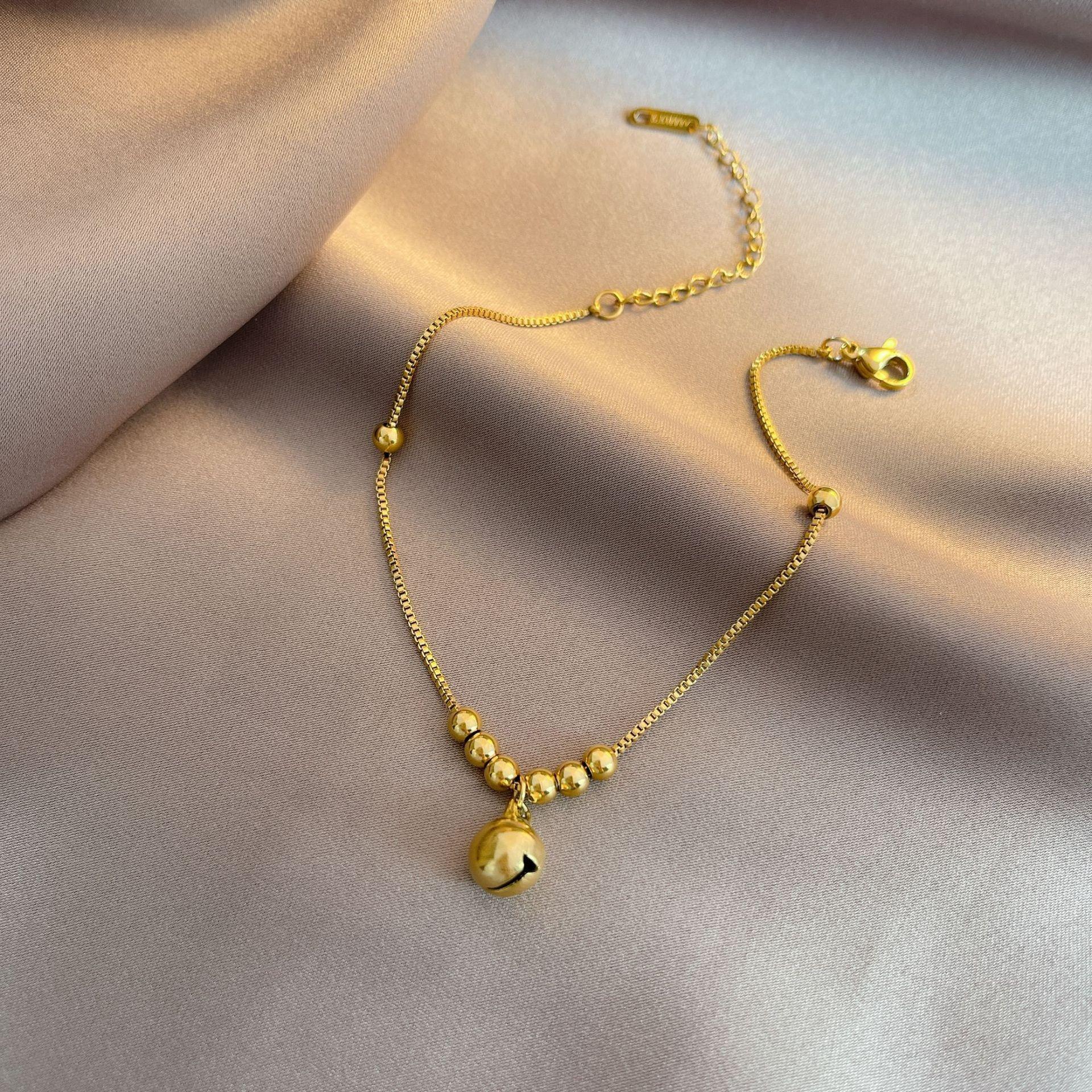 Gold Plated Stainless Steel Box Chain Anklet with Bell Charm золотой