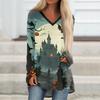 Women's Casual Long Sleeve V-Neck Halloween Print T-Shirt Mid-Length Top