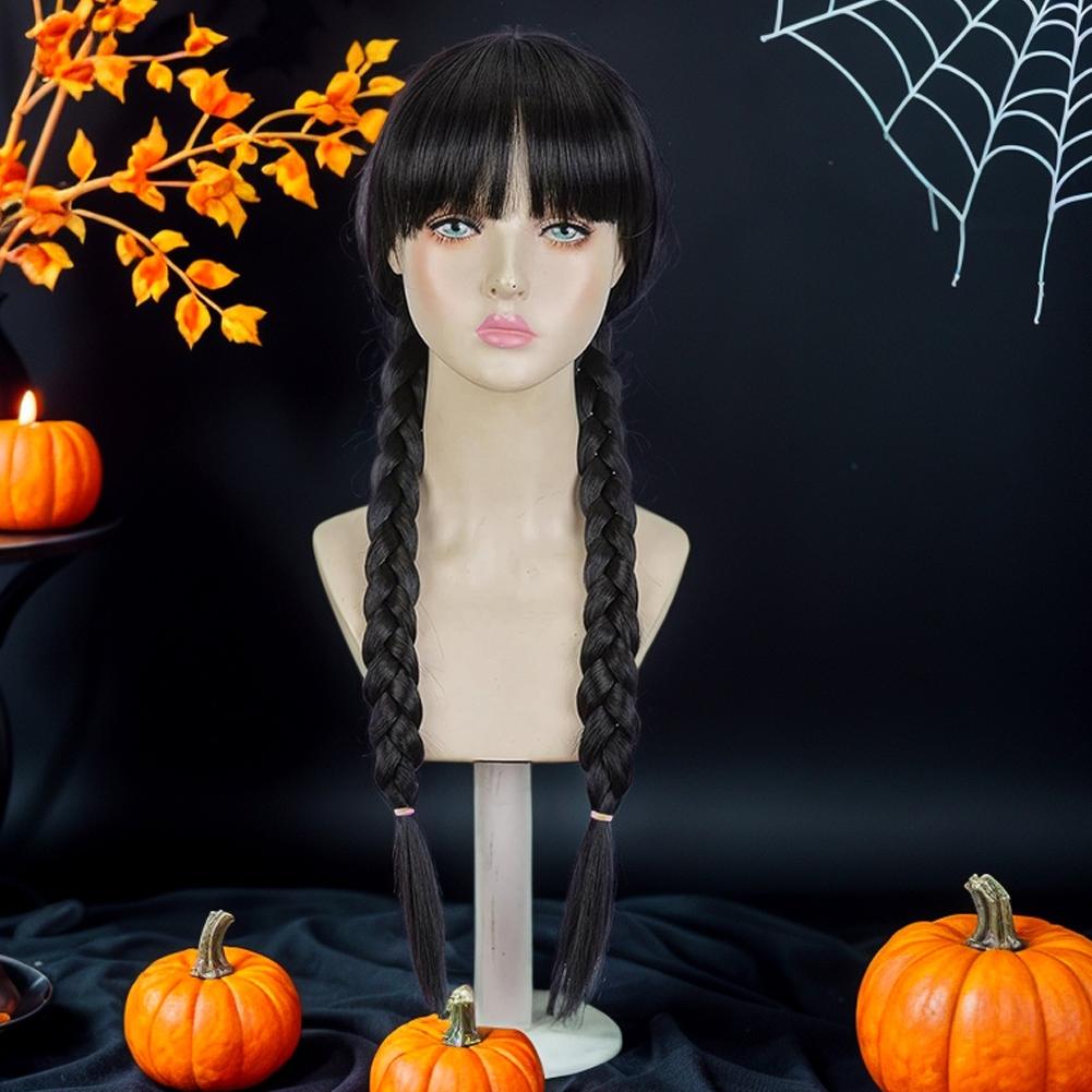 NUOVA Parrucca Nera Intrecciata Sintetica Addams Treccia Nera a Coda di Cavallo Treccine Compatibile con Costume di Halloween Mercoledì Addams Parrucca