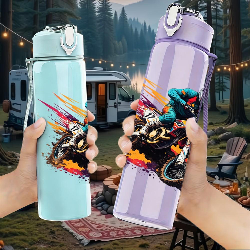 1PC Motorbike Rider Color Splash Print 750ml Color Plastic Sports Water Bottle Leakproof Flip Straw Lid Suitable for Sports Office Home Use