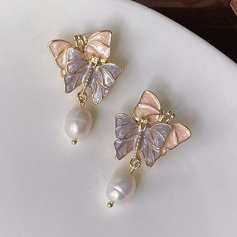 1Pair Purple Dream Butterfly Pearl Stud Earrings Korean Exquisite Gentle Sweet Earring For Women Girl Party Wedding Jewelry Gift