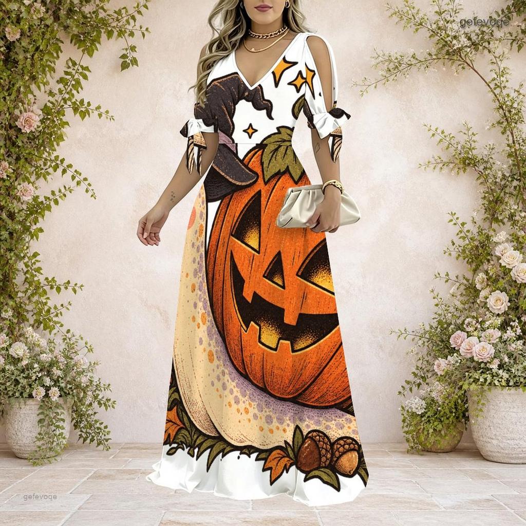 Women Plus Size V Neck Cold Shoulder Short Sleeve Halloween Llama Printed A Line Long Dress