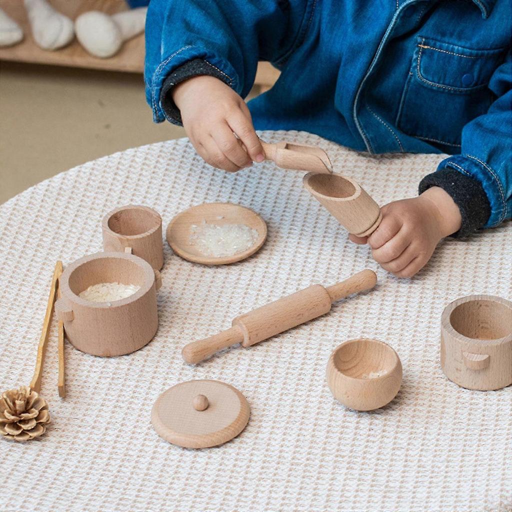 Holz-Teegeschirr Spielzeug Sensorik-Kasten Werkzeuge, Kinder Rollenspiel Küchenzubehör für Vorschulkinder Kleinkinder 11 Stück